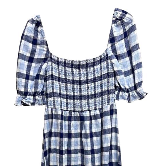 Reformation S Marabella 100% Linen Midi Dress Puff Sleeve Gingham Blue Plaid 4 6 - Picture 5 of 9